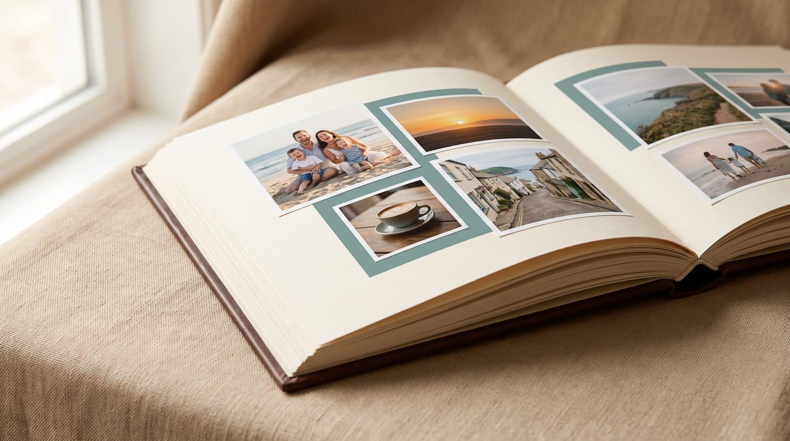 An open travel photo album, showing photos from a trip